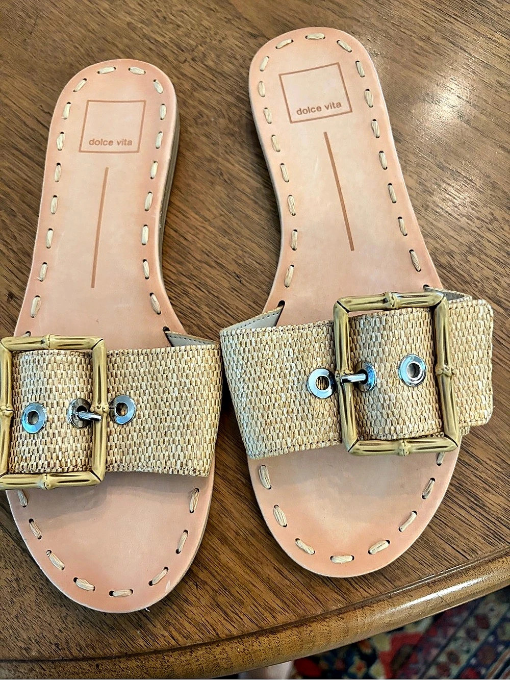 Dolce Vita Fin Slide Sandal Woven Buckle Sandals Brown & Gold size 8